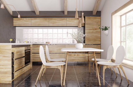现代木制厨房内部，窗户黄色和白色桌椅3D渲染