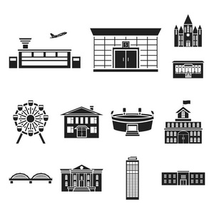 建筑和建筑黑色图标集合中的设计。建筑与机构载体符号股票 web 插图