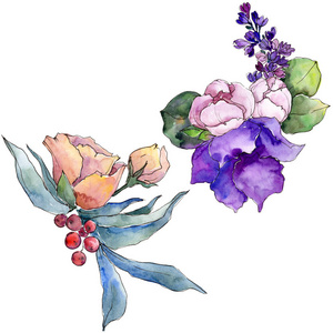 水彩彩色花束热带花。 花卉植物花。 孤立的插图元素。 背景纹理包装图案框架或边框的水花野花。