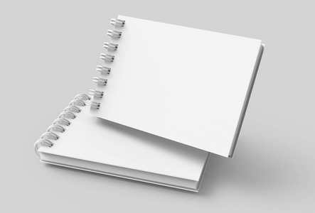 在3D渲染中，在浅灰背景上的白色封面上空白记事本。