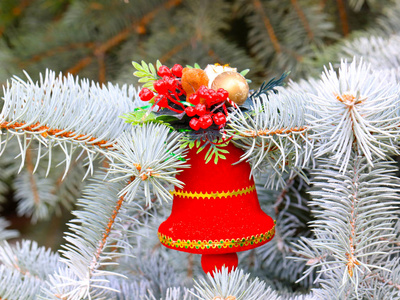 节日前夕森林树树枝上的圣诞装饰