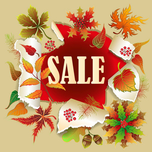 秋季销售横幅与丰富多彩的季节性秋季树叶和罗恩为购物折扣促销。矢量插图