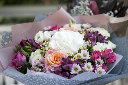 新娘的婚礼花束，有白色和蓝色的菊花和装饰性的谷物。