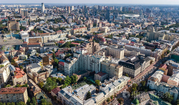 乌克兰首都基辅市中心上空基辅城市天际线的鸟瞰图