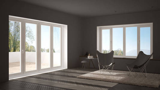 白色和灰色的最小客厅，有扶手椅地毯地板和全景窗，斯堪的纳维亚建筑，现代室内设计