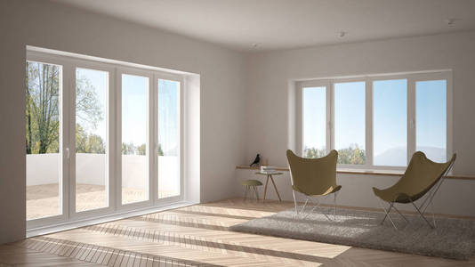 白色和黄色的最小客厅，有扶手椅地毯地板和全景窗，斯堪的纳维亚建筑，现代室内设计