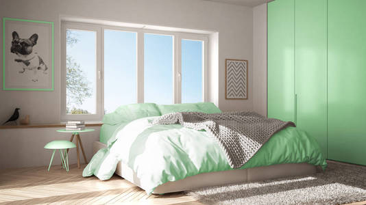 斯堪的纳维亚白色和绿色极简主义卧室，全景窗口，毛皮地毯，人字形镶边，现代派建筑，室内设计。
