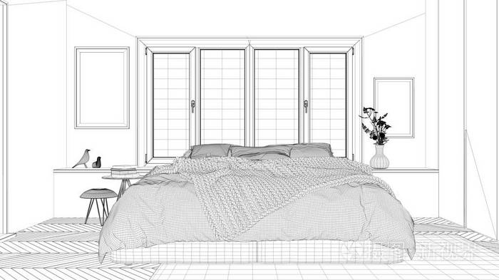 室内设计项目黑白墨素描建筑蓝图,展示当代卧室与双床