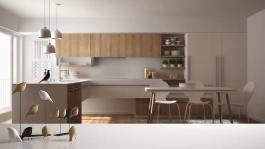 白色桌面或架子，带有简约的鸟饰，鸟迷你的诀窍，模糊的当代木制厨房，现代室内设计