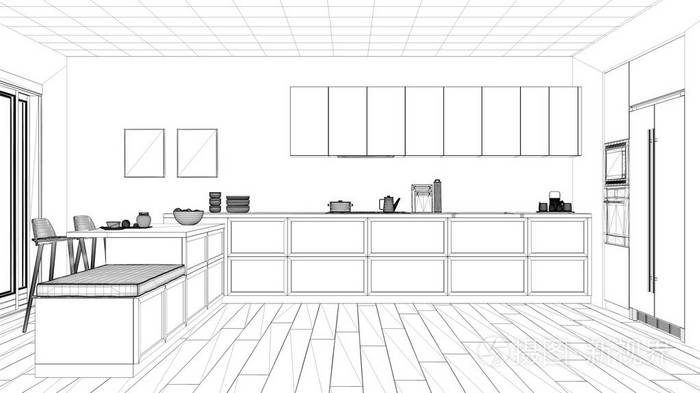 室内设计项目黑白墨素描建筑蓝图,展示极简主义厨房