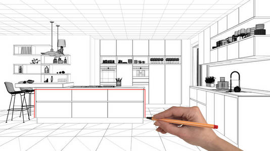 室内设计项目概念手绘定制建筑黑白水墨素描蓝图显示极简厨房与岛屿