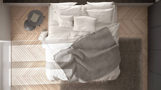 白色和灰色极简主义卧室，镶花地板，毛皮地毯，软毯，现代建筑，室内设计，俯视