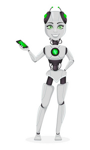 人工智能机器人女性机器人。 可爱的卡通人物拿着智能手机。 人类控制论有机体。 未来的概念。 矢量插图