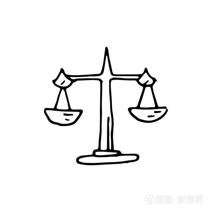 手绘天秤座涂鸦图标. 手绘黑色素描. 符号符号. 装饰元素. 白色背景.