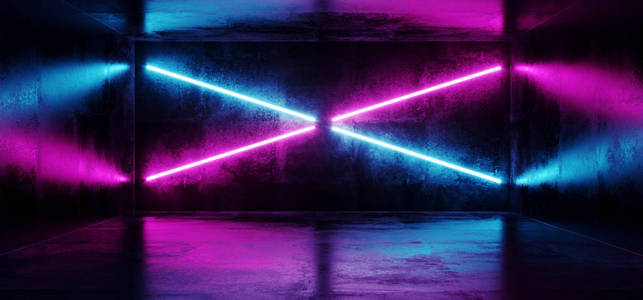 未来科学FI现代宇宙飞船俱乐部派对深色混凝土房间与箭头形状的蓝色和紫色发光霓虹灯管3渲染插图。