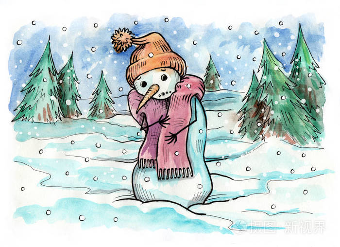 外面雪人冻僵了. 冬天的场景. 手绘插图. 水彩画