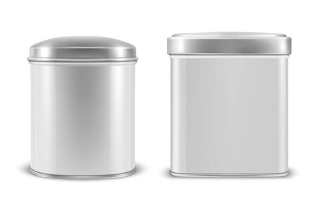 矢量逼真的3d 空白金属铝罐头容器用银色盖帽长方形或正方形, 椭圆形形状图标集合特写在白色背景被隔绝。图形设计模板