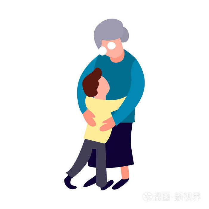 祖母和孙子拥抱卡通扁老妇人和小男孩形式幸福的家庭观念高级人员生活