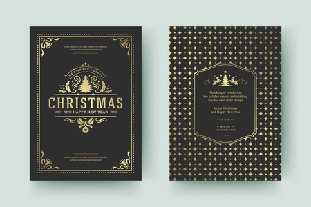 圣诞贺卡设计模板。 圣诞快乐和假日祝复古印刷标签和地方的文字与图案背景。 矢量图。