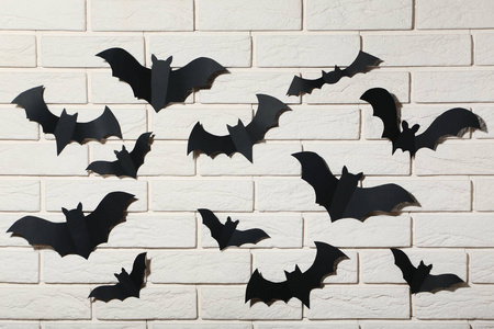 万圣节纸蝙蝠白色砖墙背景