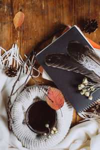 平躺着。 笔记本的秋天组成眼镜，围巾，树叶和羽毛在木制背景上