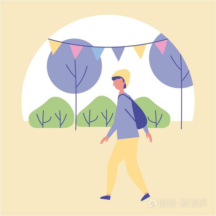 户外活动男孩在公园里散步,树木和旗帜矢量插图