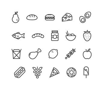 简单的食物和水果相关矢量线图标。 可编辑笔画。 48x48像素