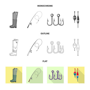 鱼和捕鱼符号的矢量设计。一套鱼和设备矢量图标股票