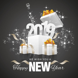 新年快乐2019烟火香槟礼盒黑色金色白色背景丝带节日横幅矢量