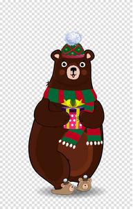 绿色针织帽和围巾中可爱卡通熊角色的矢量插图，在透明背景上隔离礼品盒。 贺卡传单邀请元素的剪贴画设计