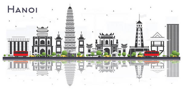 河内越南城市天际线与灰色建筑和反射孤立在白色背景。 矢量图。 商业旅游和旅游理念与现代建筑。 河内城市景观与地标。