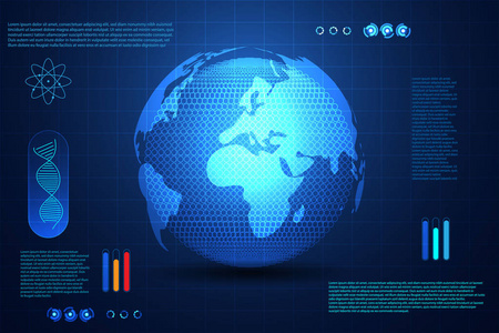 摘要全球数字技术UI未来主义概念世界全球地图HUD接口全息图创新高科技未来设计背景。