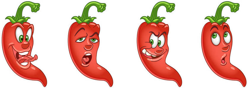 红辣椒。 蔬菜食品的概念。 表情符号收藏。 卡通人物为儿童着色书着色页t衬衫打印图标标志补丁贴纸。