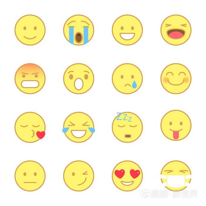 笑脸平面图标设置.emoji 表情和图释线扁平样式.