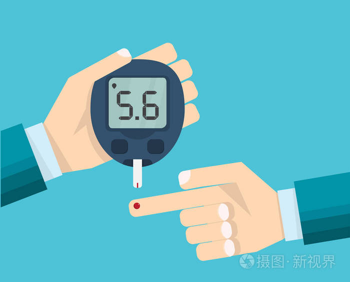 糖尿病试验的概念,男子手和血糖仪测量血糖水平.