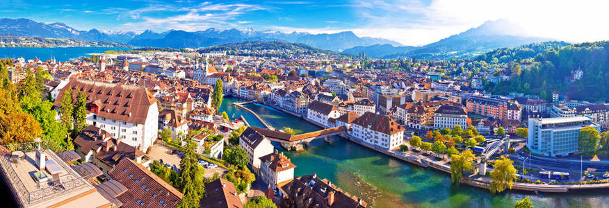 瑞士卢泽恩市全景空中景观阿尔卑斯山和湖泊