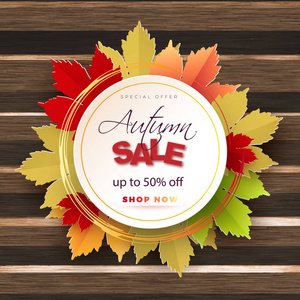 秋季销售文本矢量横幅设计与五颜六色的秋天季节叶子秋天在木背景为季节性促销打折营销