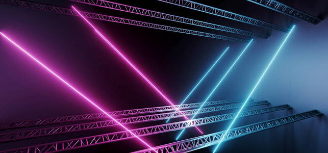 深色现代科幻未来主义霓虹灯，发光的蓝色和紫色三角形光管俱乐部舞台与空的空间和黑色背景3渲染插图。