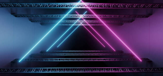 深色现代科幻未来主义霓虹灯，发光的蓝色和紫色三角形光管俱乐部舞台与空的空间和黑色背景3渲染插图。