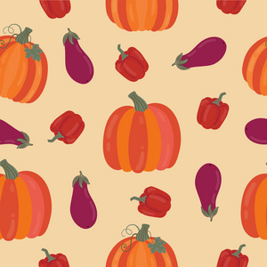 矢量无缝秋收模式与蔬菜南瓜和茄子。 图案适合包装纸和织物