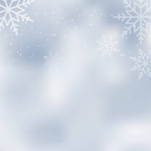 在蓝色背景上落下闪亮的雪或雪花，为新年快乐。 向量