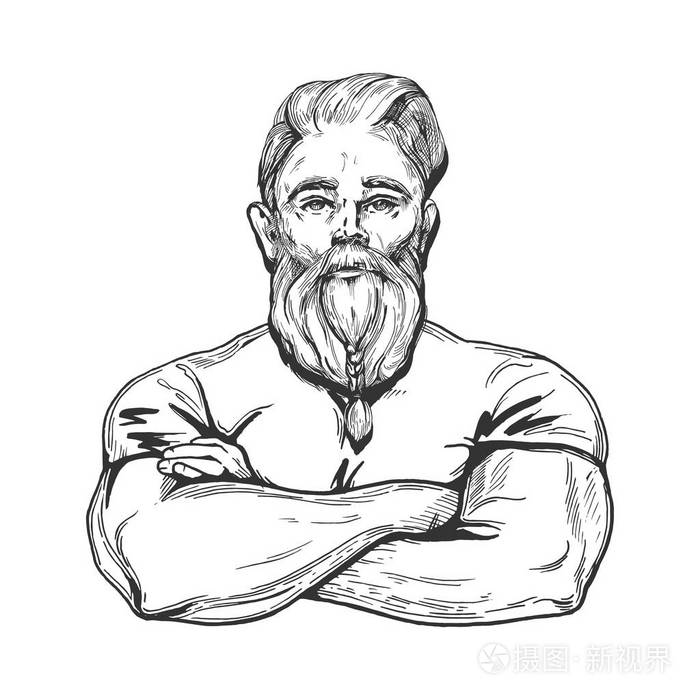 矢量插图一个强壮的肌肉男子与一个完整的胡须编织. 现代维京人肖像.