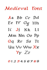 老式手绘笔书法字体中世纪字体。 从a到z和数字的完整字母表。