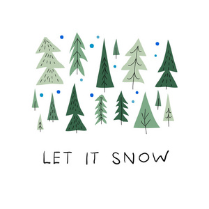 让它雪花飘落涂鸦简单的卡片。冬季假日矢量图形设计元素。可爱的手工书写原始的小标志孩子们画画孩子们手工制作的天真的艺术纸剪成圣诞树