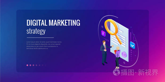 等距数字营销策略概念。网上业务, 互联网营销理念, 办公室和金融对象, 搜索引擎优化, Seo, Smm, 广告。矢量插图