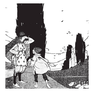 国王和男孩一个小男孩和一个站在他身边的人在路上，树上，房子里，背景，古董线，绘画或雕刻插图