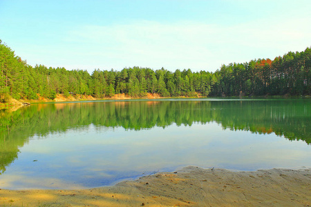 美丽的森林湖，松林中有翡翠水。美丽的自然景观。水全景。野性