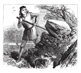 一个男人在挖掘复古的线条画或雕刻插图