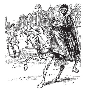 骑马穿过班伯里这个场景显示女王骑马和去某个地方骑马和房子的背景，复古线绘图或雕刻插图。