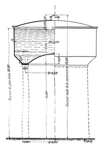 坦克加固水泥砖石塔，复古雕刻插图。工业百科全书EO。拉米1875